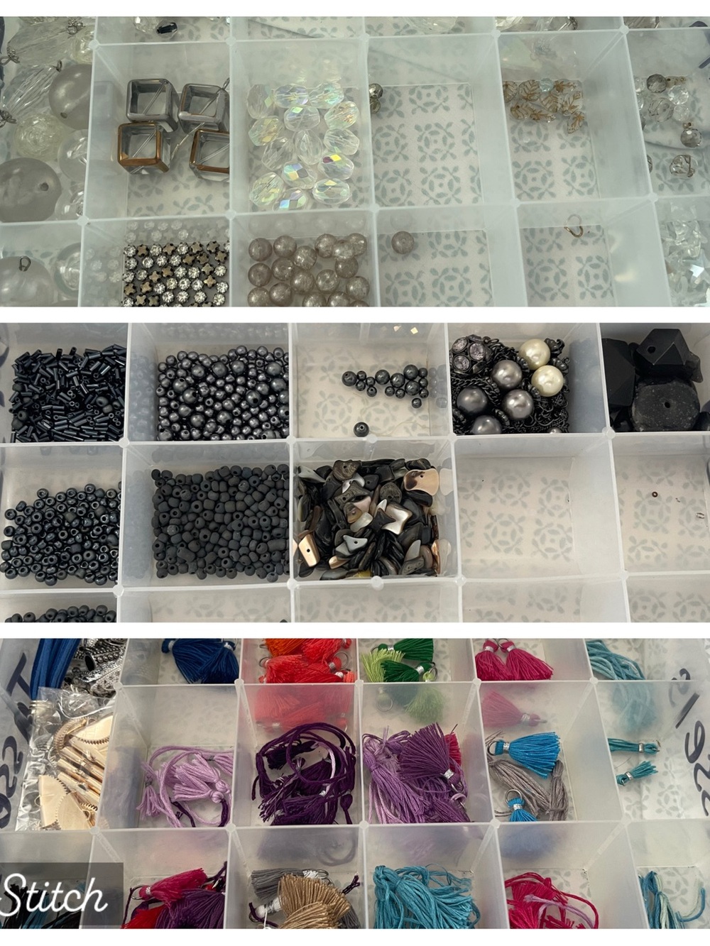 3 Containers of Gray, clear and tassels - White/Clear